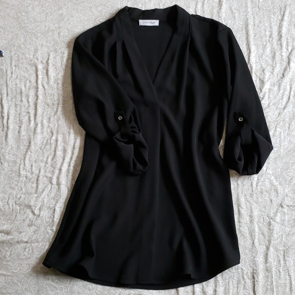 Calvin Klein Black 3/4 Button Sleeve Blouse